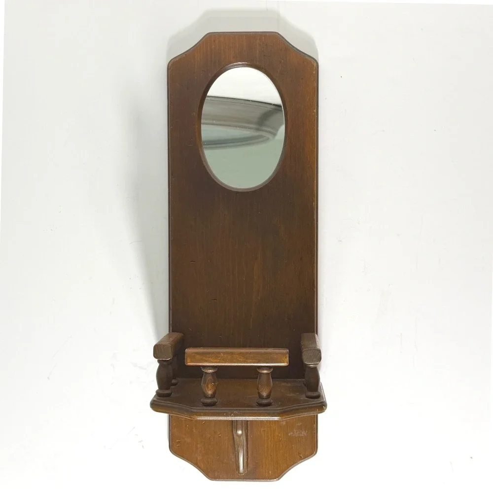 Vintage Early American Wood Wall Mirror Shelf Brown Rustic Farmhouse Home Decor